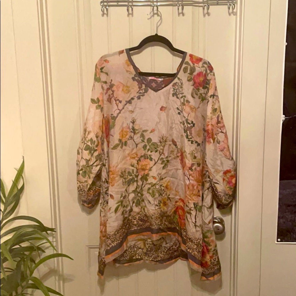 Johnny Was Floral Tunic Top in Cream, Pink, Yellow, Green